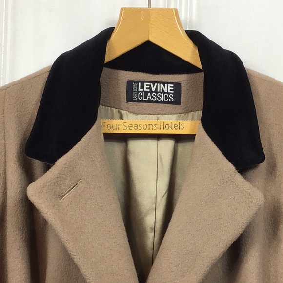 🖤 LARRY LEVINE Tan 💯% Wool Black Velvet Collar Single Breasted Dress Coat - Picture 4 of 14